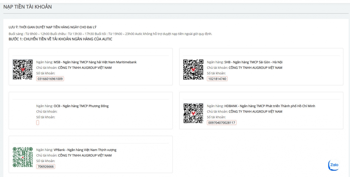 Chuyển khoản vào các tài khoản ngân hàng của Autic 